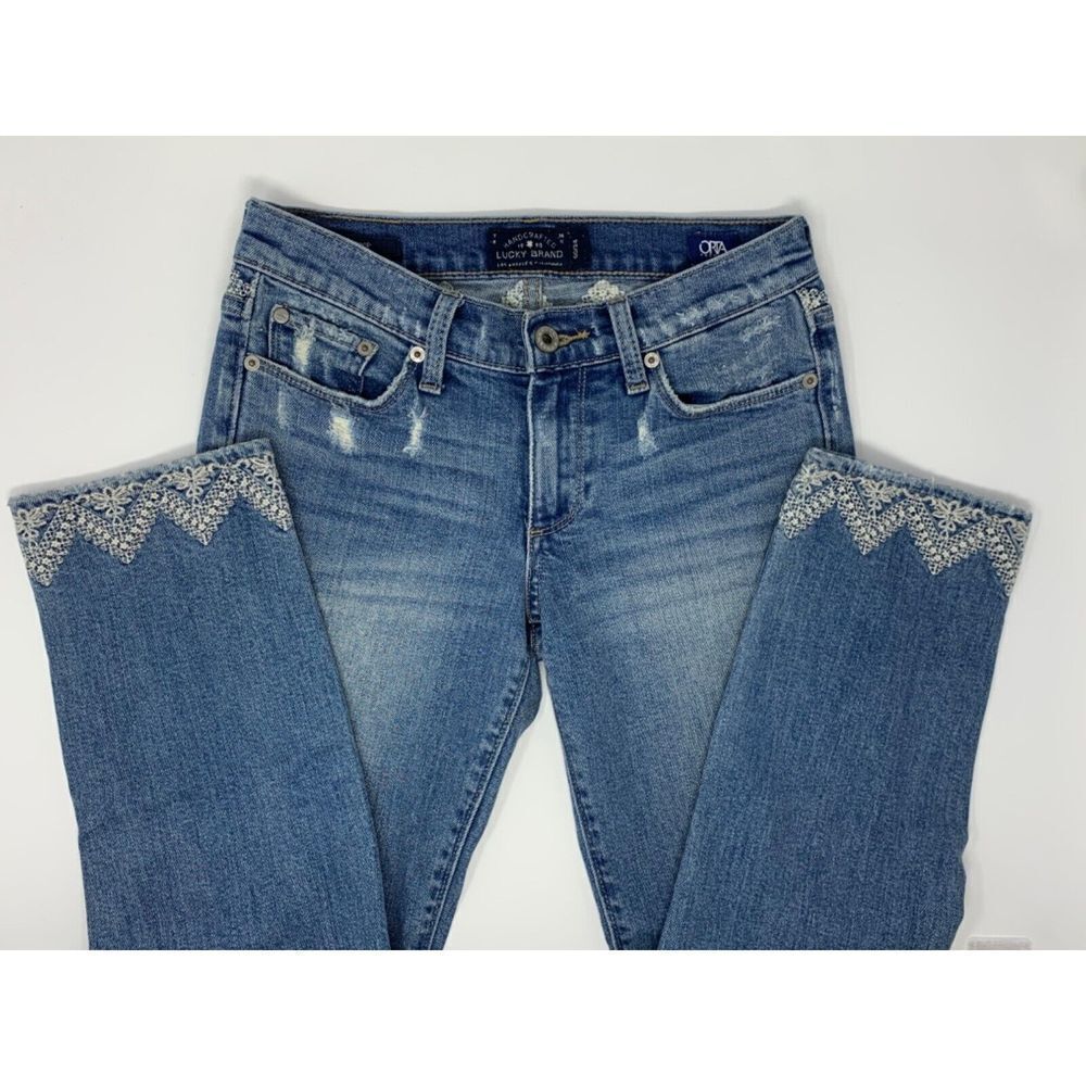 Lucky Brand Sweet Crop White Embroidered Distressed Women's Blue Jeans Size 00/2